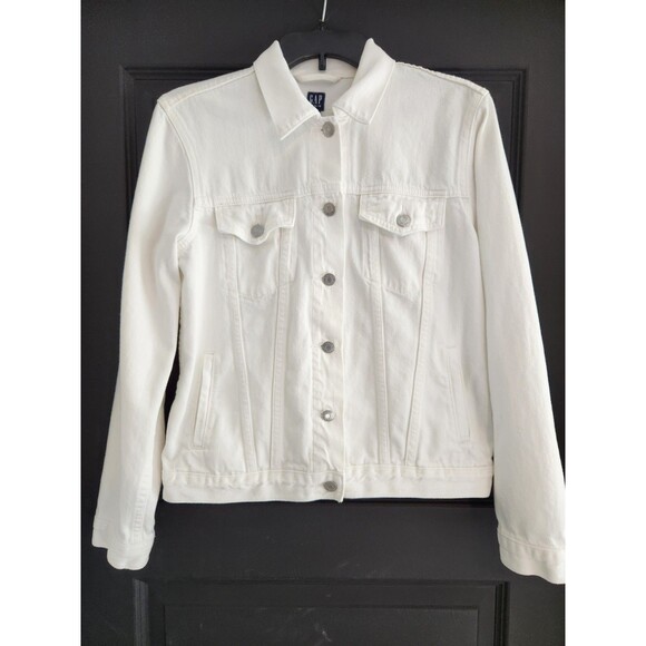 Gap Womens Optic White Denim Jacket Medium Long Sleeved Pockets Classic Y2K - Picture 1 of 8
